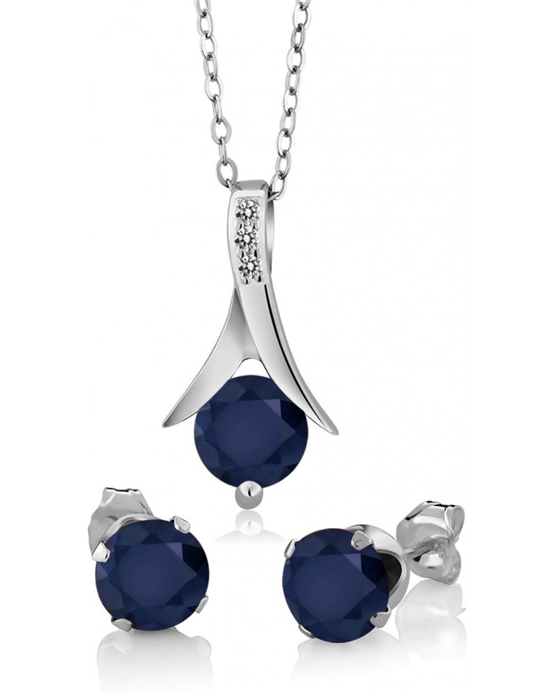 925 Sterling Silver Blue Sapphire and White Diamond Pendant and Earrings Jewelry Set For Women (3.05 Cttw, with 18 Inch Silve...