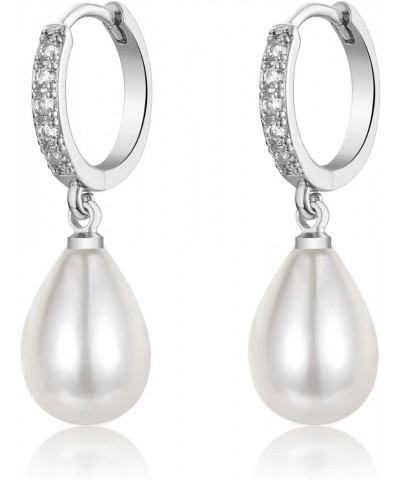 925 Sterling Silver Pearl Earrings for Women,Hypoallergenic Gold Pearl Drop Earrings with 5A+ Cubic Zirconia Huggie Hoop Jewe...