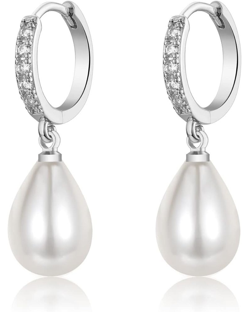 925 Sterling Silver Pearl Earrings for Women,Hypoallergenic Gold Pearl Drop Earrings with 5A+ Cubic Zirconia Huggie Hoop Jewe...