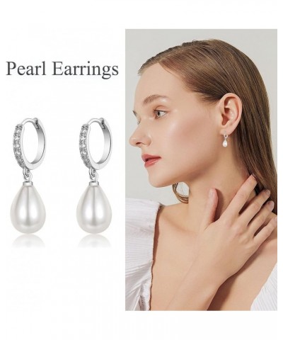 925 Sterling Silver Pearl Earrings for Women,Hypoallergenic Gold Pearl Drop Earrings with 5A+ Cubic Zirconia Huggie Hoop Jewe...