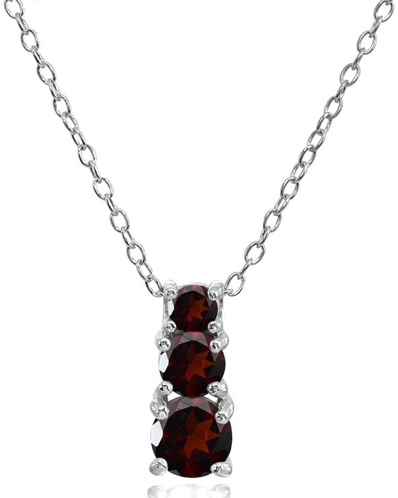 Sterling Silver Genuine or Synthetic Gemstone Round Graduating 3-Stone Pendant Necklace for Women Girls Bridesmaids Garnet - ...