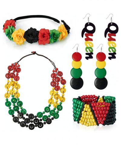 Juneteenth Outfit African Accessories Sets for Women Jamaica Sunglasses Rasta Beaded Bracelet Wood Dangle Earrings Set B $9.4...