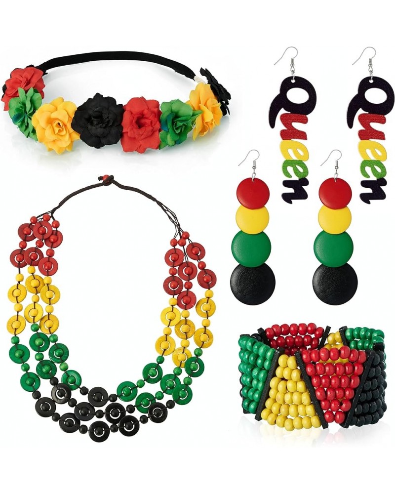 Juneteenth Outfit African Accessories Sets for Women Jamaica Sunglasses Rasta Beaded Bracelet Wood Dangle Earrings Set B $9.4...