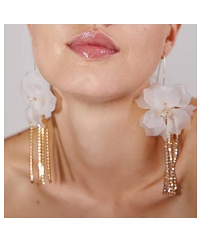 Boho Flower Petal Dangle Drop Earrings Gold Rhinestone Tassel Chain Fringe Acrylic Resin Floral Earrings for Party Wedding Cr...