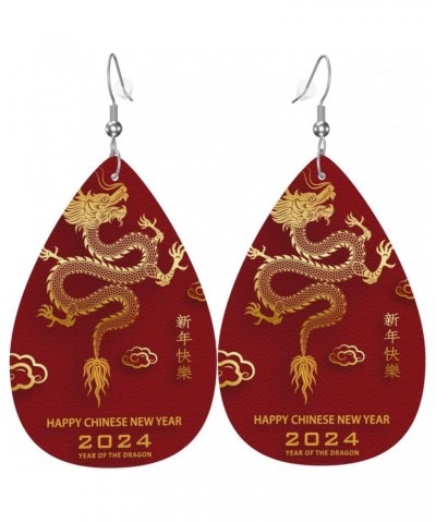 Year of the Dragon 2024 Happy Chinese New Year Earrings for Women,Faux Leather Earrings with Silvering Hoop, Lightweight Tear...