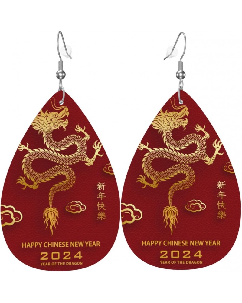 Year of the Dragon 2024 Happy Chinese New Year Earrings for Women,Faux Leather Earrings with Silvering Hoop, Lightweight Tear...