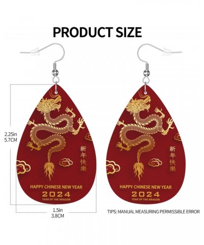 Year of the Dragon 2024 Happy Chinese New Year Earrings for Women,Faux Leather Earrings with Silvering Hoop, Lightweight Tear...