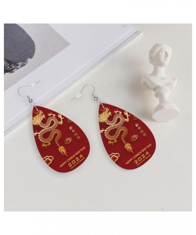 Year of the Dragon 2024 Happy Chinese New Year Earrings for Women,Faux Leather Earrings with Silvering Hoop, Lightweight Tear...