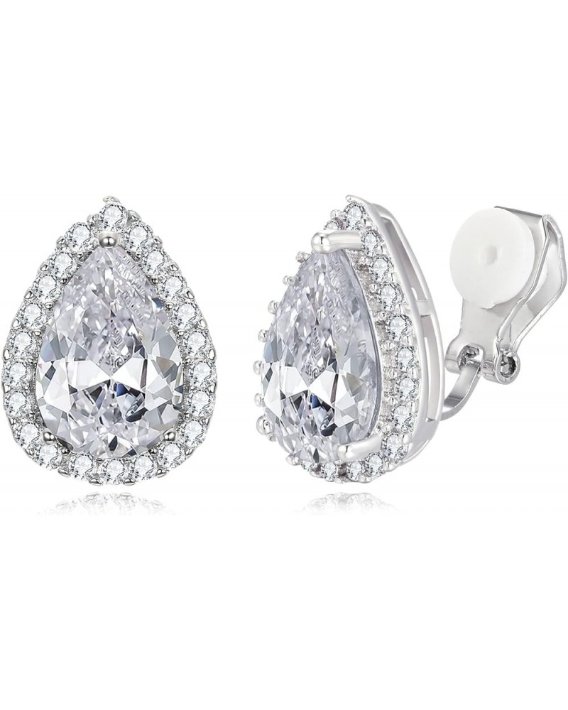 Women's Cubic Zirconia Wedding Teardrop Prong Setting Stud Earrings Silver-Tone Clear_Clip-on $8.83 Earrings