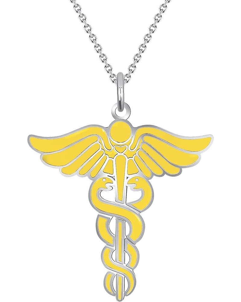 Caduceus Necklace in Solid 14k Gold, Gold Necklace for Doctor Nurse, Made in America 18" Necklace Yellow Enamel White Gold $1...