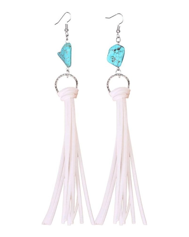 Retro Long Fringe Leather Earrings Western Bohemian Turquoise Leather Tassel Dangle Earrings for Women White $4.50 Earrings