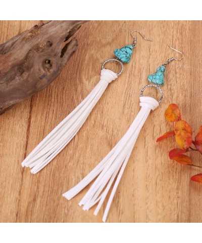 Retro Long Fringe Leather Earrings Western Bohemian Turquoise Leather Tassel Dangle Earrings for Women White $4.50 Earrings