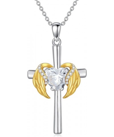 0.06 Cttw Diamond Angel Wing Cross Necklace with Heart Birthstone Christmas Gift for Women 04.Crystal-Apr $49.30 Necklaces