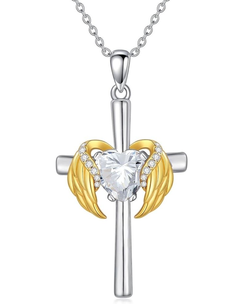 0.06 Cttw Diamond Angel Wing Cross Necklace with Heart Birthstone Christmas Gift for Women 04.Crystal-Apr $49.30 Necklaces