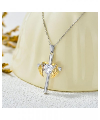 0.06 Cttw Diamond Angel Wing Cross Necklace with Heart Birthstone Christmas Gift for Women 04.Crystal-Apr $49.30 Necklaces